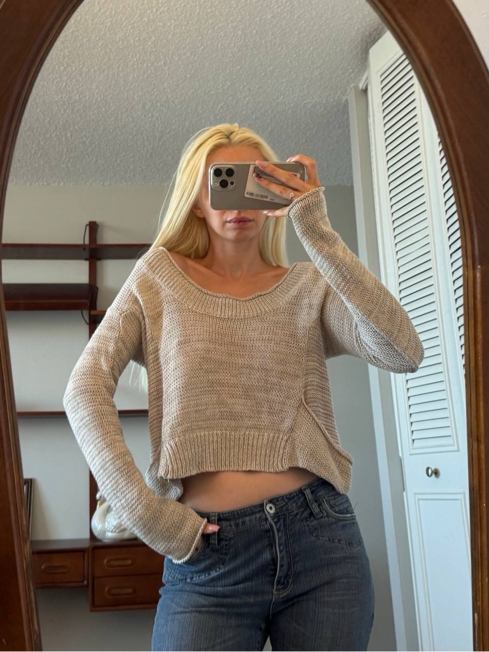 Women's Beige Cropped Knit Sweater